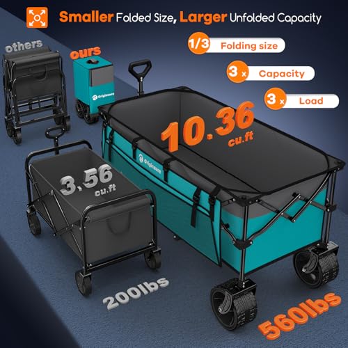 Originsure 300L Foldable Beach Wagon Cart with Big Wheels,560lbs,Turquoise | 48" Folding Utility Wagon,7" All-Terrain Wheels,Heavy Duty Frame,Compact&Space-Saving,for Camping,Sports,Grocery,Garden - color: Grey&turquoise