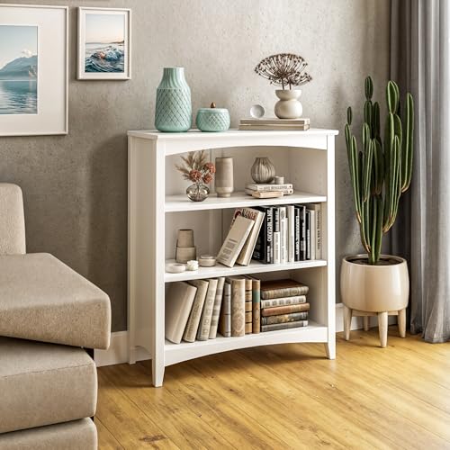 Shaker Style 3 Shelf Bookcase / Solid Wood / 36" High / Adjustable Shelving / Closed Back / Display Bookshelf for Living Room, Bedroom, Home and Office, White - color: White, size: 36"