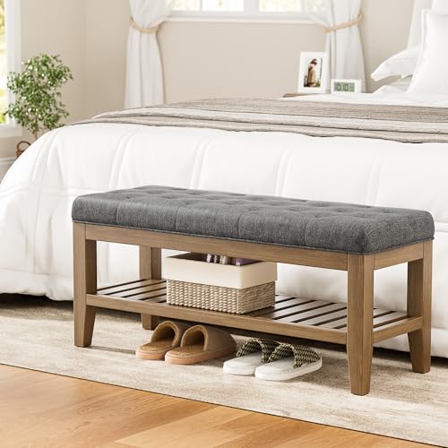 YaFiti End of Bed Storage Bench, 42.9" Entryway Shoe Bench with Solid Wood Shelf, Upholstered Ottoman with Padded Seat for Bedroom, Hallway and Lining Room, Dark Gray - color: Dark Gray