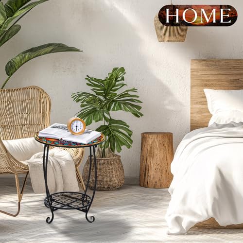 Cinnvoice Outdoor Side Table Round Small Mosaic Patio Accent Indoor End Plant Coffee Tea Table for Yard Patio Porch Garden Living Room, Bedroom(Tree of Life Style,16 Inch) - size: 16 Inch, style: Tree of Life Style