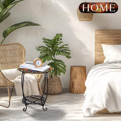 Cinnvoice Outdoor Side Table Round Small Mosaic Patio Accent Indoor End Plant Coffee Tea Table for Yard Patio Porch Garden Living Room, Bedroom(Tree of Life Style,16 Inch) - size: 16 Inch, style: Tree of Life Style
