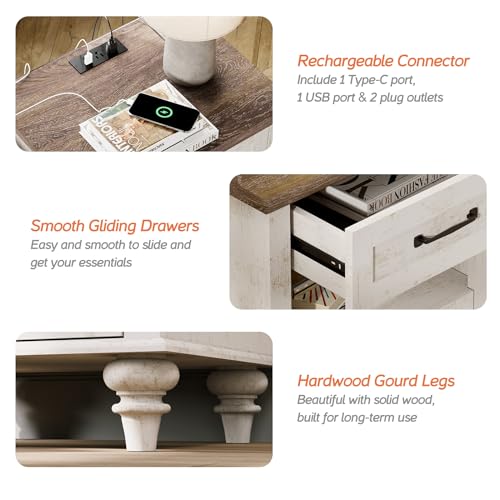WAMPAT Side Table Nightstand with Charging Station & 2 Drawers, Farmhouse End Table for Living Room, Retro Night Stand Light Wood Bedside Table for Bedroom, Antique White - color: Antique White