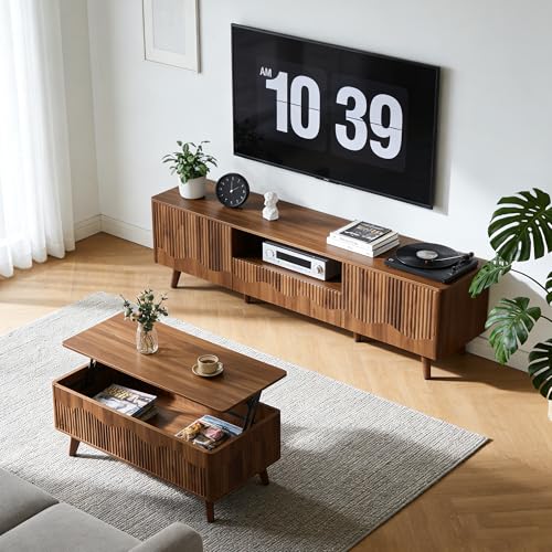 BERRYMERRY Walnut 62.2” Fluted Wave TV Stand for TVs up to 75” | drawer,open shelf,cabinet,round corner,entertainment center,tv console,cable manage,wood