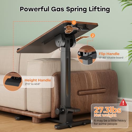 Foldable Mobile Standing Desk, 27 Inch Small Rolling Laptop Cart Height Adjustment, 90° Tiltable Bedside Table, No Assembly Needed Portable Computer Workstation, Dark Wood - color: Dark Wood