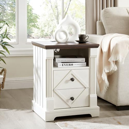 Minifeel Farmhouse Night Stand with Charging Station, 18" Wide 2 Drawer Bedside Table, Barn Door Nightstand with Open Storage Shelf, Sofa Side End Tables with Roman Column for Bedroom, Antique White - color: Antique White