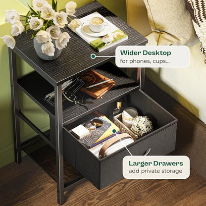 Huuger Nightstand Set of 2, Night Stand with Fabric Drawer, Mesh Shelf, Side Table with Storage, Fabric Drawer Dresser, Open Shelf, Metal Frame, Bedroom, Black - color: Black
