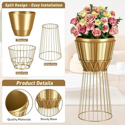 Metal Plant Stand with Pot, 12", Gold | Height 27", Tall Decorative Holder, Indoor Use, Modern Flower Potted Rack, Corner Display