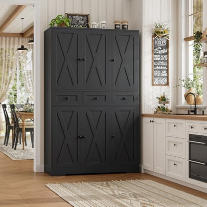 HOSTACK 67"H Farmhouse Kitchen Pantry Storage Cabinet with 3 Drawers, Black | Large Food Pantry Cabinet with Swing-Out Door Rack & Adjustable Shelf for Kitchen, Dining room, Living room - color: Black