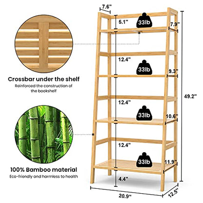 Bamboo Ladder Shelf, 4-Tier Wooden Ladder Bookshelf & Bookcase Organizer | 49.2” Freestanding Open Display Storage Shelves, Wood Plant Stand Rack for Small Space, Bathroom, Living Room, Bedroom - color: Natural
