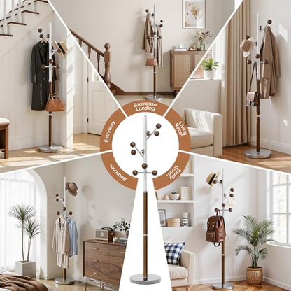 Coat Rack Freestanding Metal Coat Tree with 9 Rubber Wood Hooks | Heavy Duty Standing Coat Rack, Stainless Steel Marble Base, Coat Hanger Stand for Bedroom Entryway Hallway, Hat, Bags - color: B