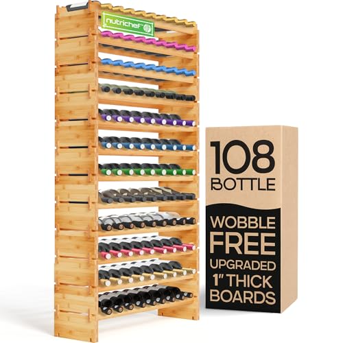 NutriChef 108 Bottle Stackable Modular Wine Rack, Upgraded 1” Thick Sideboard, .5” Rack Sticks, Sturdy Wobble Free Natural Bamboo Construction, Protective Moisture Resistant Finish, 33.5" x 10" x 63" - size: 108 Bottle