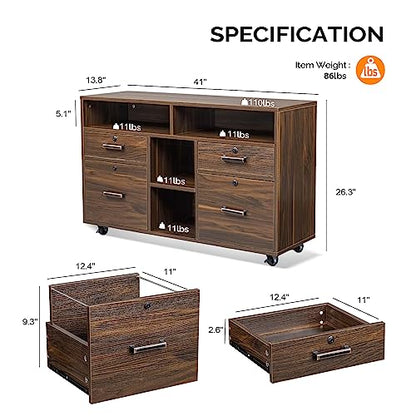 VINGLI Dark Brown Wood Lateral File Cabinet with Lock, 4 Drawer & 4 Open Shelves, Rolling File Cabinet for Home Office, Letter Sized - color: Dark Brown