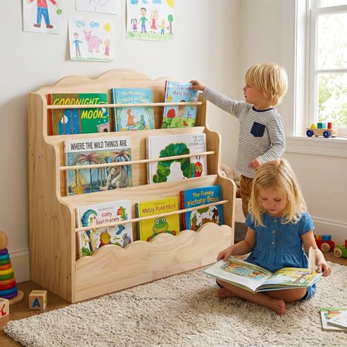 Amdermi 3-Tier Scalloped Montessori Bookshelf for Kids, Solid Wood Front-Facing Toddler Bookcase, Low Children’s Book Display Shelf for Nursery, Playroom, Classroom, Natura