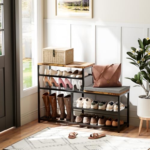 Shoe Rack,Freestanding Hidden Shoe Storage Organizer for Entryway, Shoe Bench Shelves for High Boot with Seat Cushion,Wood Shoe Rack Cabinet for Front Door Entrance Closet, Hallway, 5 Tier,Brown - size: 5 Tier with Seat