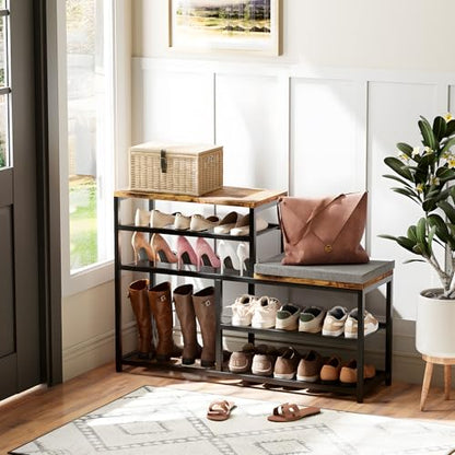 Shoe Rack,Freestanding Hidden Shoe Storage Organizer for Entryway, Shoe Bench Shelves for High Boot with Seat Cushion,Wood Shoe Rack Cabinet for Front Door Entrance Closet, Hallway, 5 Tier,Brown - size: 5 Tier with Seat