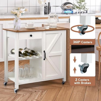 Small Kitchen Island Cart on Wheels with 31.4'' Wood Tabletop, White | Farmhouse Rolling Kitchen Island with Storage, Lockable Wheels, Drawer, Adjustable Shelf and Wine Rack for Dining Room - style: White