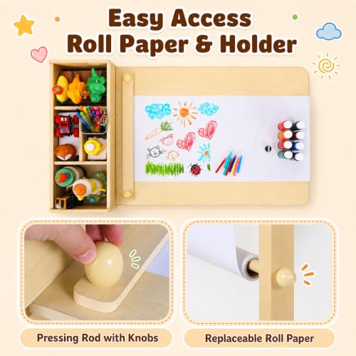 Kids Art Table & 2 Chairs Set, Wooden Activity Craft Desk w/ Paper Roll | Sturdy Wooden Table with Organizers, Open Shelves, Removable Bins, for Toddlers Art Crafts Drawing Painting Writing (Natural) - color: Natural