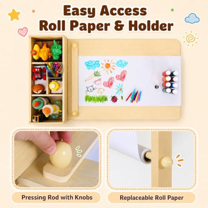 Kids Art Table & 2 Chairs Set, Wooden Activity Craft Desk w/ Paper Roll | Sturdy Wooden Table with Organizers, Open Shelves, Removable Bins, for Toddlers Art Crafts Drawing Painting Writing (Natural) - color: Natural