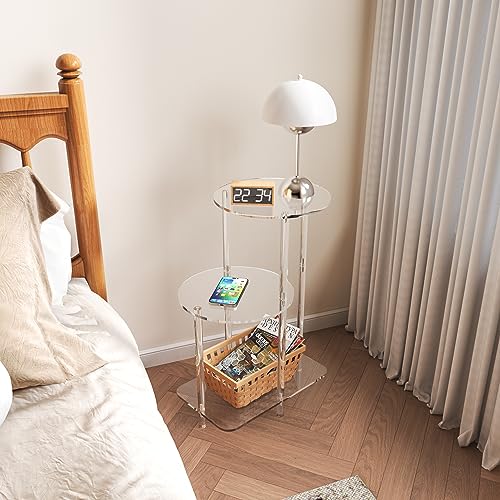Eglaf Acrylic Round Side Table, 3-Tier Step End Table, Bedside Table | Clear Nightstand Small Accent Entryway Table, for Living Room, Bedroom, Hallway, 16.7'' L x 11.8'' W x 23.5'' H