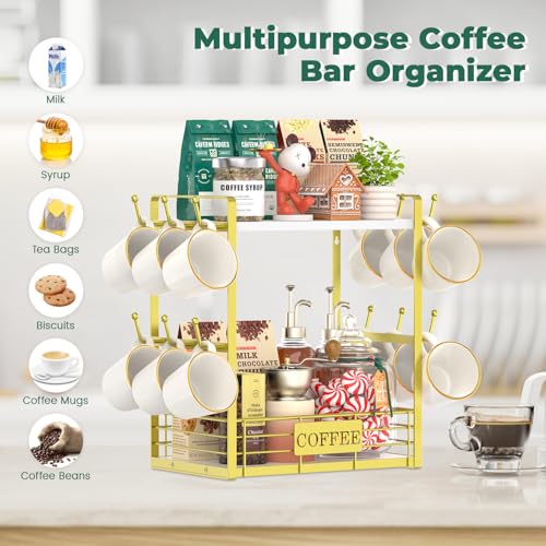 EsLuker.ly Coffee Mug Cup Holder Tree Bar Station Organizer, 2 Tier Mug Stand Rack for Countertop Kitchen, Storage Tower Display Shelf with 12 Hooks, Coffee Nook Enhancer, White-Gold - color: White + Gold