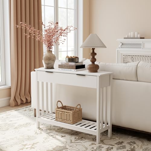 TaoHFE White Narrow Console Table with Drawer Storage Shelf, Modern Wooden Entryway Sofa Table, 39 Inch Slim Behind Couch Table, Side Display Console Table for Living Room,Office,White - color: White