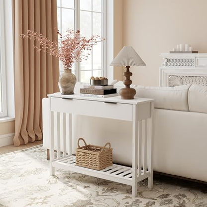 TaoHFE White Narrow Console Table with Drawer Storage Shelf, Modern Wooden Entryway Sofa Table, 39 Inch Slim Behind Couch Table, Side Display Console Table for Living Room,Office,White - color: White