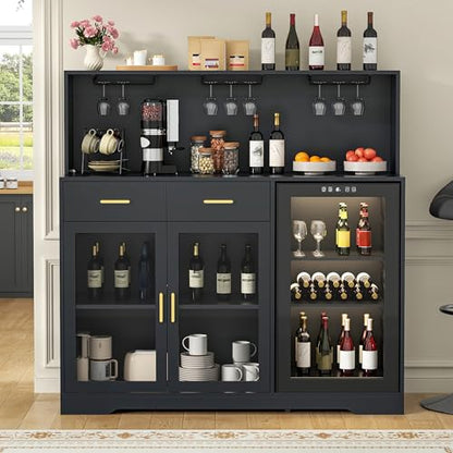 Gyfimoie 53" Wine Bar Cabinet with Fridge Space & Outlets, Large Coffee Bar Table with Storage Drawer,Liquor Cabinet with Wine Rack for Home, Living Room, Dining Room, Kitchen (Black)
