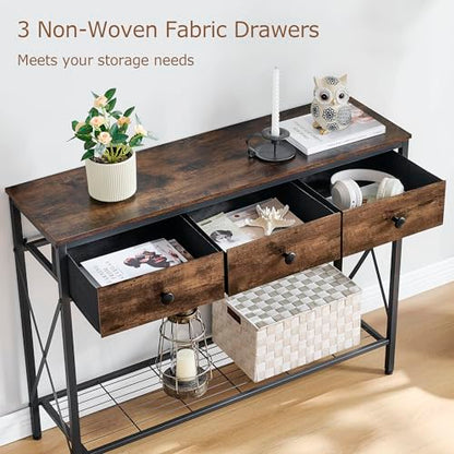 FAVOOSTY Entryway Table, 39.8" Console Table with 3 Fabric Drawers Narrow Console Table with 2-Tier Storage Shelves,Display Shelf for Living Room, Hallway, Entrance, Foyer, Office Rustic Brown