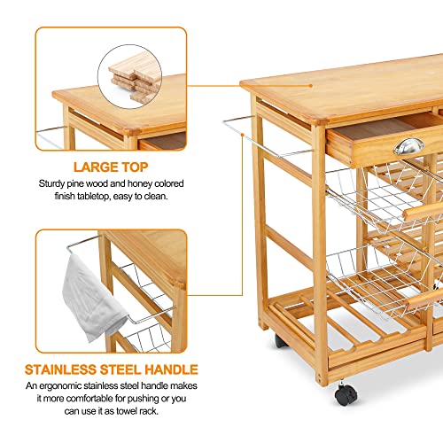 Nova Microdermabrasion Kitchen Island Cart with Storage, Rolling Side Table on Wheels with 2 Drawers, 3 Shelves, Lockable Casters for Dining Room, Bar