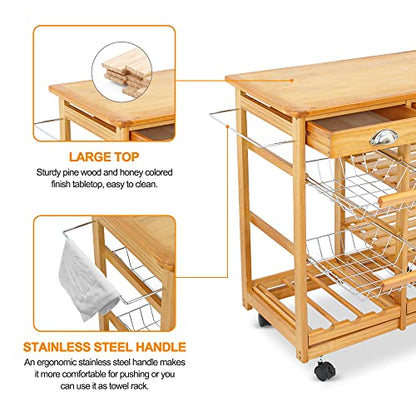 Nova Microdermabrasion Kitchen Island Cart with Storage, Rolling Side Table on Wheels with 2 Drawers, 3 Shelves, Lockable Casters for Dining Room, Bar