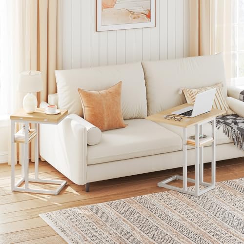 HOOBRO Foldable C Shaped End Table, C Shaped Side Table with Storage Shelf, Small Snack Table, Slide Under Couch Table for Sofa, Living Room Bedroom Small Spaces Easy Assembly, Natural WN29SF01 - color: White + Natural