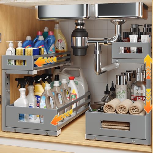 2-Pack 17"Deep Under Sink Organizer And Storage, 2-Tier L-Shaped Pull Out Cabinet Organizer with Upgraded Slide Rails, Height Adjustable Drawers for Kitchen&Bathroom, Extra-Large Storage Shelves–Gray - color: Gray, size: 2 Pack-17"Dx11.4"-16.34"H