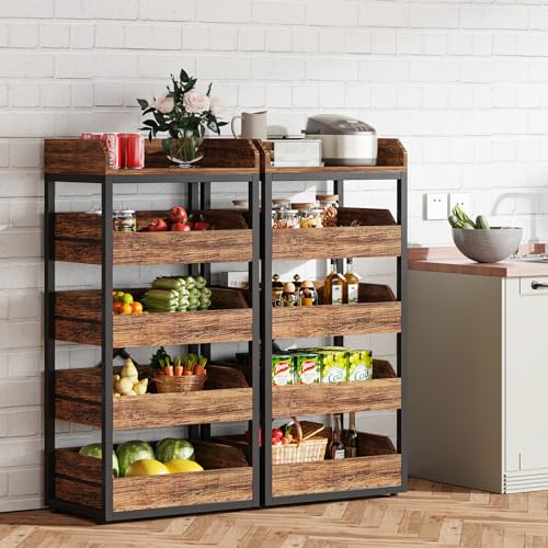 LITTLE TREE 5-Tier Wood Fruit Vegetable Storage Basket Stand, Pull-Out Snack Stand Fruit Basket Stand, Utility Shelf Organizer for Kitchen, Living Room, Bedroom, Rustic Brown