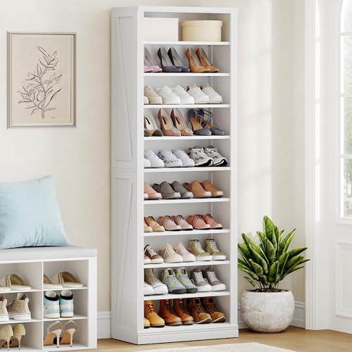 Hzuaneri Shoe Storage Cabinet,10 Tiers Farmhouse Tall Shoe Cubby Organizer | Freestanding Shoe Cabinets, Wooden Shoes Rack with Cubby, 27-30 Pairs, for Entryway, Living Room, White SR52603X - color: White, size: 12"D x 24.6"W x 71.3"H