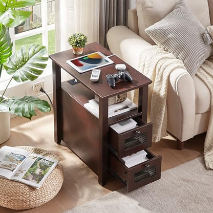 HDDDZSW Farmhouse XXL End Table with Charging Station, Narrow Side Table with USB Ports and Outlets, Nightstand with 2 Drawers Storage, Bedside Tables for Living Room, Bedroom, Rustic Cherry - color: Cherry