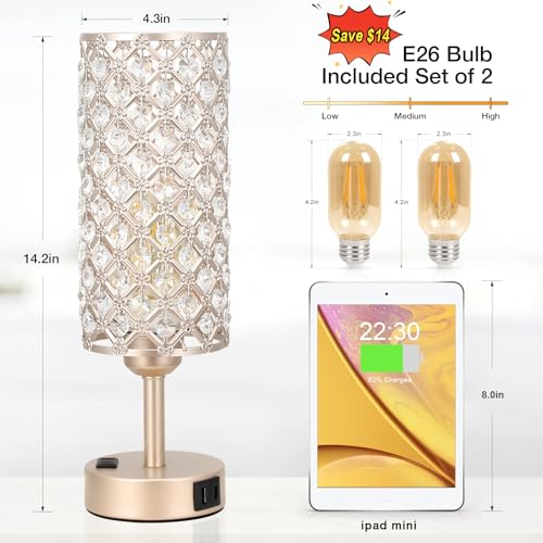 Hong-in Touch Table Lamps for Bedrooms Set of 2-3 Way Dimmable Champagne Gold Crystal Lamps with Crystal Shade, Bedside Nightstand Lamp for Living Room Bedroom Home Office - color: Champagne Gold