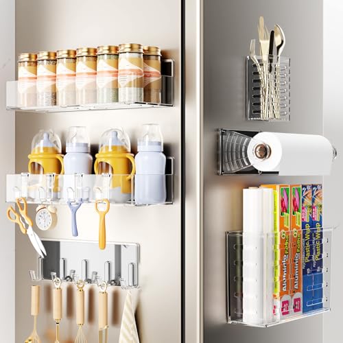 Magnetic Spice Rack for Refrigerator,6 Pack Magnetic Shelf,Fridge Magnet Organizer with Paper Towel Holder,Utensils Racks,Hook Rack,Deepened Basket,Fridge Organizers and Storage Clear(6 Pack) - color: Clear, size: 6 Pack
