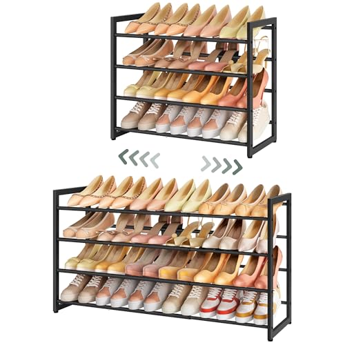 FAVOOSTY 4-Tier Expandable Shoe Rack, Adjustable Shoe Shelf Storage Organizer Space Saving Metal Free Standing Shoe Rack for Entryway Closet Doorway, Black - color: Black, size: 4 Tier