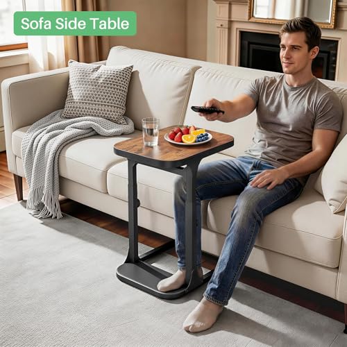 Kitstorack Ultra Stable & Durable End Table, Ajustable Height C Shaped Side Table for Couch, Sofa Side Table with Thickened Metal Frame for Living Room, Bedroom, Rustic - color: Brown