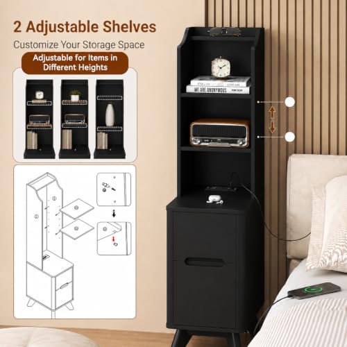 Tall Nightstand with Charging Station, Narrow Side Table with Bookshelf | 47" Tall Free Standing Wooden Night stand with 2 Drawers and 4 Open-Shelves, Modern End Bedside Table for Bedroom, Black - color: Black, size: Tall (2 drawer)