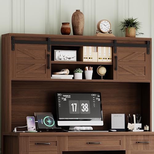 61" Farmhouse Executive Desk with Hutch & Charging Station, Wooden Computer Desk with 2 Sliding Barn Doors, 5 Drawers & Storage Cabinet with Adjustable Shelf for Home Office, Bedroom (Walnut-01) - color: Walnut-01