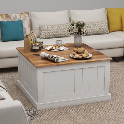 31.5" Farmhouse Coffee Table, Flip Top Coffee Square Table with Storage Compartment, Wooden Rustic Cocktail Table for Living Room, Bedroom, Apartment, Studio, White - color: White