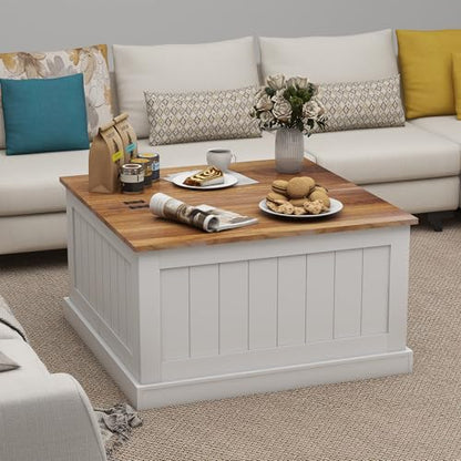 31.5" Farmhouse Coffee Table, Flip Top Coffee Square Table with Storage Compartment, Wooden Rustic Cocktail Table for Living Room, Bedroom, Apartment, Studio, White - color: White