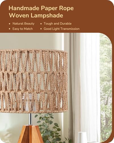 EDISHINE Small Table Lamp, Rattan Wood Tripod Bedside Lamp, Boho Nightstand Lamp for Living Room, End Table, Office, E26 Base, Natural Style - color: Rosewood Color&W-pattern Shade