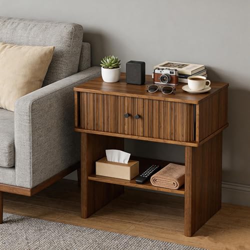 Nightstand with Fluted Sliding Door, 3-Tier Side Table with Hidden Cabinet and Open Storage, 21.7" Wide Modern End Table, for Living Room, Bedroom, Dorm, Spacious Desktop Space, Walnut Brown