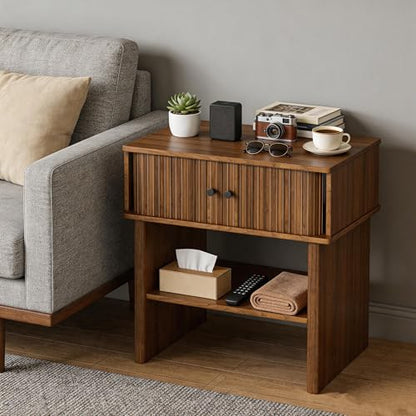 Nightstand with Fluted Sliding Door, 3-Tier Side Table with Hidden Cabinet and Open Storage, 21.7" Wide Modern End Table, for Living Room, Bedroom, Dorm, Spacious Desktop Space, Walnut Brown