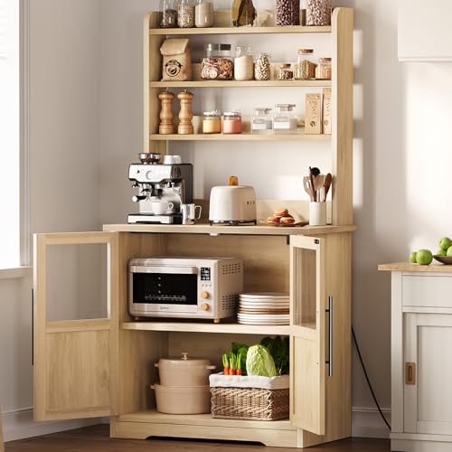 IDEALHOUSE Bakers Rack with Storage Cabinet, Microwave Stand with Power Outlets, Farmhouse Bakers Rack with Thick Table Top, Small Kitchen Bakers Rack for Kitchen,Dining Room,Peer Wood - color: Peer Wood, size: with 2 Glass Door