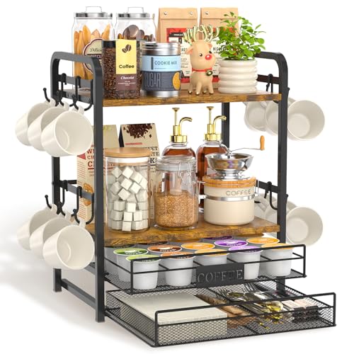 EsLuker.ly Coffee Bar Organizer Station Shelf Mug Holder for Countertop, 4 Tier Mug Holder Stand with 12 Hooks, K Cup Pod Drawer - color: Black+Brown+Brown