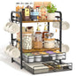 EsLuker.ly Coffee Bar Organizer Station Shelf Mug Holder for Countertop, 4 Tier Mug Holder Stand with 12 Hooks, K Cup Pod Drawer - color: Black+Brown+Brown