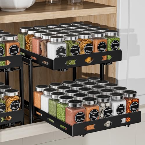 Pull Out Spice Rack Organizer for Cabinet, 2 Tier Cabinet Spice Rack Organizer, Height Adjustable Vertical Spice Rack for Cabinet, Kitchen, Pantry, Cupboard (11.9''Wx10.8''Dx9.2''H, Metal Black) - size: 11.9''Wx10.8''Dx9.2''H,2 Tier